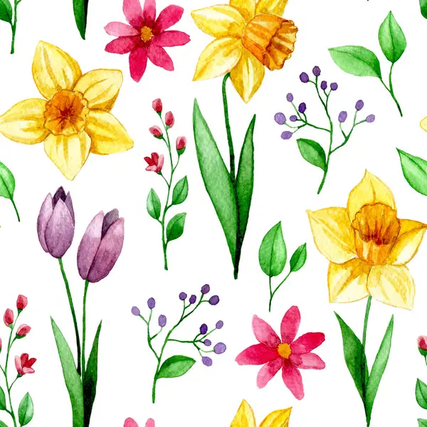 seamless pattern with spring flowers. watercolor print of daffodils, tulips, cosmos, leaves and branches