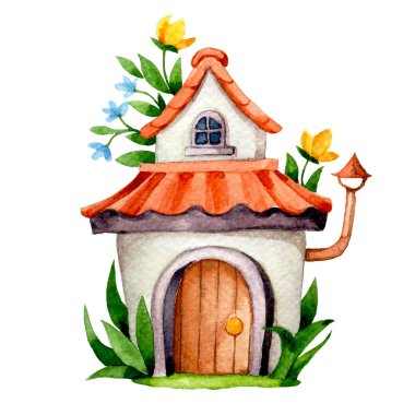 Şirin çiçek evi, suluboya resim çiçek bahçesinde peri evi