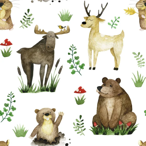 cute seamless pattern with forest animals. watercolor print of realistic animals for kids. bear, elk, deer, marmot, hamster