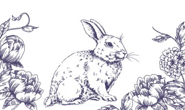 sınır, paskalya tavşanı ve çiçeklerle çerçeve, klasik tarzda el çizimi desen. skeç