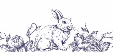 Kusursuz sınır, paskalya tavşanı ve çiçekli çerçeve, klasik tarzda el çizimi. skeç