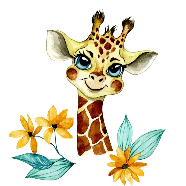 watercolor drawing of a cute baby giraffe. tropical animals, kawaii