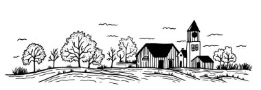 Çiftlik. Tarlaları ve çiftlik evi olan yatay bir manzara. Eskiz tarzında klasik çizim. siyah ve beyaz resimleme