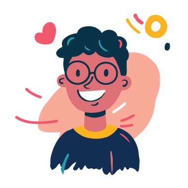 Çizgi film tarzında resimli genç bir adamın komik portresi. Moda renkleri ve soyut noktalar