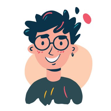 Çizgi film tarzında resimli genç bir adamın komik portresi. Moda renkleri ve soyut noktalar