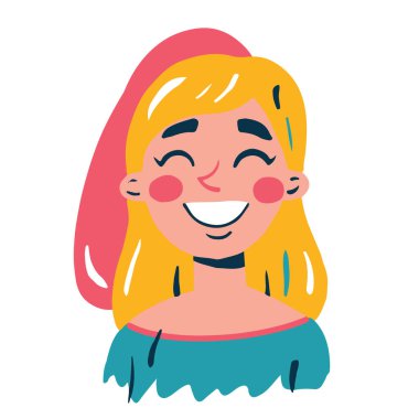 Çizgi film tarzında resimli, genç bir kadının komik portresi. Moda renkleri ve soyut noktalar