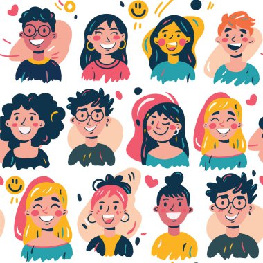 Genç erkek ve kadınların kusursuz komik portreleri, karikatür tarzında çizimler. Moda renkleri ve soyut noktalar