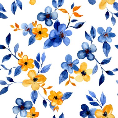 Mavi ve sarı suluboya çiçekler ve yapraklarla kusursuz desen. Beyaz arkaplanda küçük, basit çiçekler.