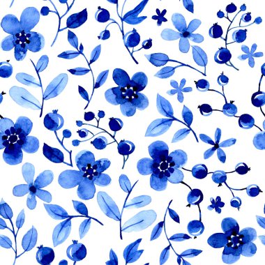Mavi suluboya çiçekleri ve yaprakları olan kusursuz bir desen. Beyaz arkaplanda küçük, basit çiçekler.