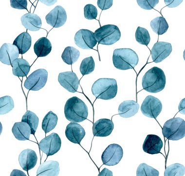 Beyaz arka planda suluboya okaliptüs yapraklı kusursuz desen