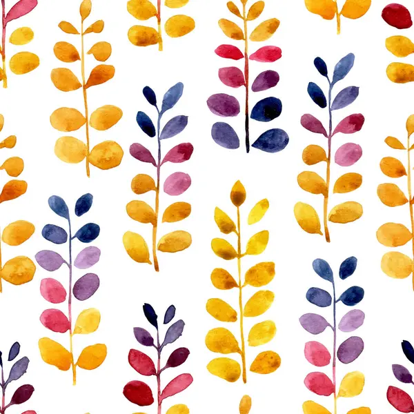 seamless pattern with watercolor abstract leaves in bright colors, yellow, pink and blue