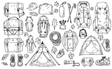 Yürüyüş için bir takım ekipman. Sırt çantası, çadır, botlar. Çizgi biçiminde basit çizim.