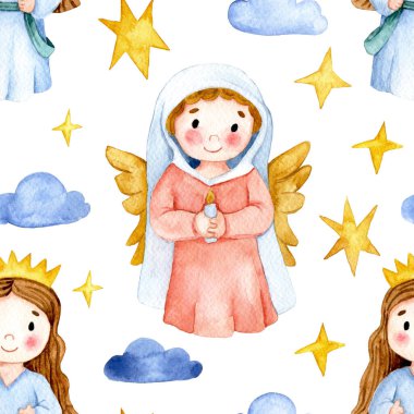 Tatlı meleklerle kusursuz desenler, çocuklar için Noel illüstrasyonu. suluboya çizim