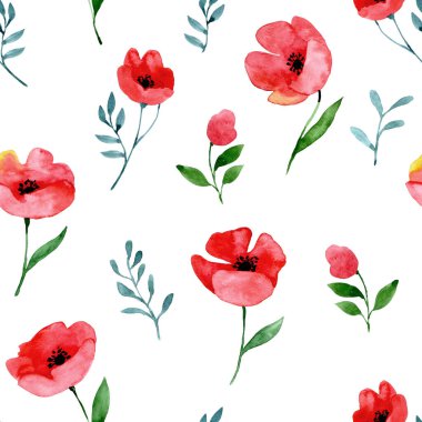 Sulu boya ve kır çiçekleri. Beyaz arkaplanda kırmızı gelincikler, soyut yazdırma