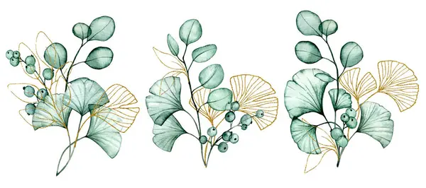 Şeffaf Okaliptüs Ginkgo Yaprakları Altın Elementlerden Oluşan Buketler Suluboya Çizim — Stok fotoğraf