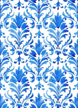 Mavi damaske süslemeli suluboya desenli. Klasik klasik süs.