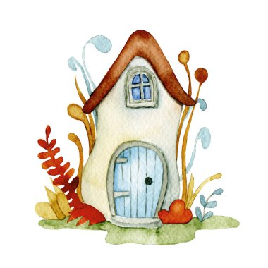 Şirin peri evi mantarı. Çocuklar için suluboya resim. Ormandaki ev