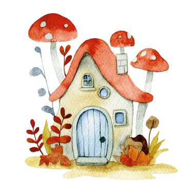 Şirin peri evi mantarı. Çocuklar için suluboya resim. Ormandaki ev