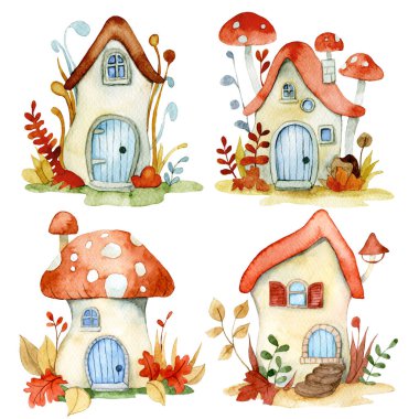 Bir dizi şirin mantar evi. Çocuklar için suluboya resim. Ormandaki ev