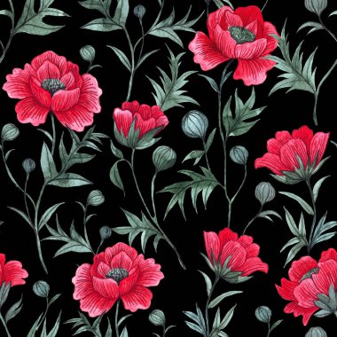 Koyu arkaplanda kırmızı haşhaş deseni var. suluboya, kır çiçekleriyle renksiz baskı