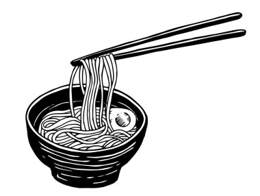 Asya eriştesi ve Çin yemek çubuklarıyla dolu bir kase. ramen, udon vektörü çizim stili