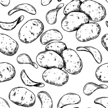 Patates ve cips ile kusursuz desen. taslak biçiminde vektör baskısı