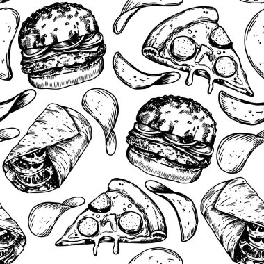 Fast food ile kusursuz desen. Cips, hamburger, pizza. skeç biçimi yazdırma