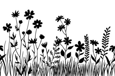 Kusursuz sınır, kır çiçeklerinden ve otlardan oluşan siyah siluet. Basit vektör el çizimi