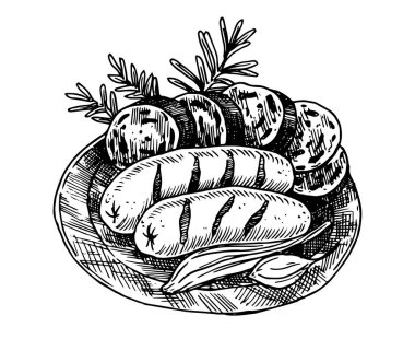 Kızarmış et sosisi. Biralı abur cubur tabağı. Eskiz tarzında vintage çizim.