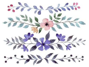 Bir dizi metin ayırıcı. Şirin çiçek ve yaprakların suluboya çizimi, basit bir çizim. kolleksiyon kitabı