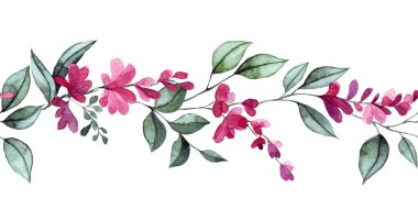 Pembe salkımlı çiçek ve yapraklarla suluboya kusursuz bir sınır. zarif çerçeve