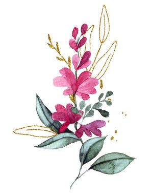 suluboya resim, bir buket pembe çiçek ve altın elementli yapraklar. Zarif Clipart