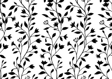 Çiçek ve yaprak süsüsüyle kusursuz bir desen. Yaban çiçekleri, siyah beyaz tebeşir çizimi