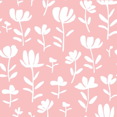 Küçük soyut çiçeklerin kusursuz deseni, basit vektör deseni. Pembe arka planda beyaz çiçekler