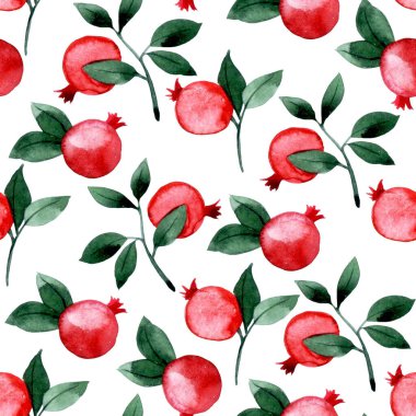 Nar ve dikişsiz suluboya desen. Olgun meyve ve yapraklarla yazdır