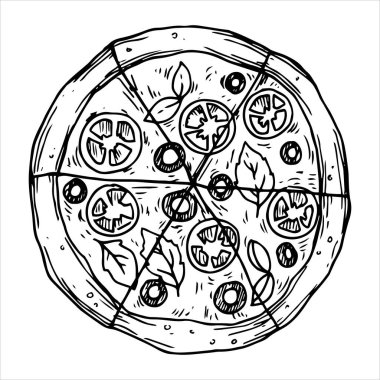 Pizza çemberi parçalara ayrılmış, eskiz tarzında çiziyor. siyah ve beyaz grafikler, gravür