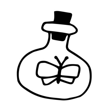 Vektör çizimi. İksirli cam şişeler. Eski tarz siyah beyaz grafikler çizerek. Beyaz arka planda izole edilmiş gemiler. Büyünün, büyücülüğün, alternatif tıbbın, ezoterizmin sembolü.