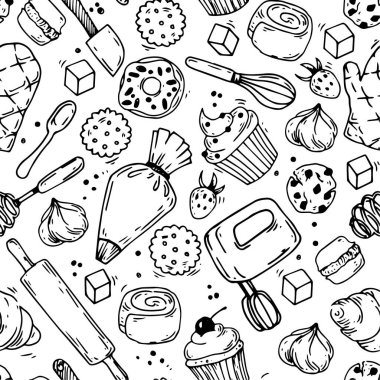 Pişirme ve şekerleme temasında kusursuz desenler var. Tatlılar, pastalar ve yemek pişirme araçlarıyla karalama çizimi
