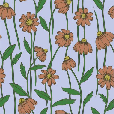 Mavi arka planda papatya çiçekleri olan kusursuz bir desen. Klasik baskı, 70 'lerin renkleri