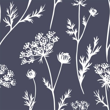 Kır çiçekleri ve kurumuş çiçeklerle kusursuz bir desen. Çizim biçiminde grafik yazdırma.