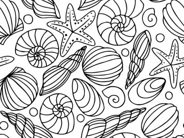 Beyaz arka planda deniz yıldızı ve kabuklu kusursuz desen. bir deniz teması üzerine yazdır