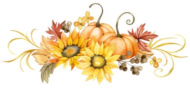 watercolor drawing. autumn composition with harvest, with pumpkins and sunflower flowers in vintage style. thanksgiving card decoration, autumn, harvest festival clipart