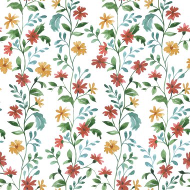 Küçük kır çiçekleriyle süslenmiş kusursuz suluboya deseni..