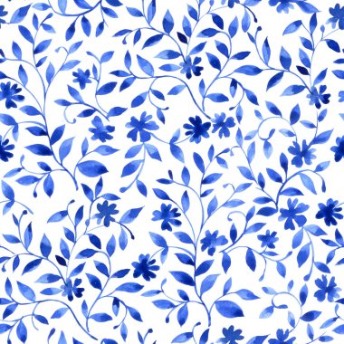 Küçük mavi çiçeklerle süslenmiş kusursuz suluboya deseni..