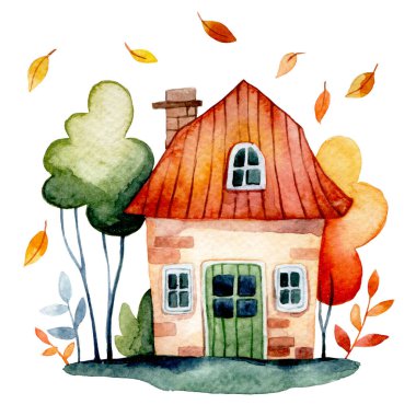 Güzel bir sonbahar evi. Sonbahar yaprakları ve ağaçları olan bir evi suluboya resimleme.