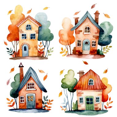 Bir sürü güzel sonbahar evi. suluboya resimler, evler, sonbahar yaprakları ve ağaçlar
