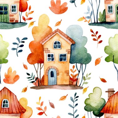 Evleri olan şirin sonbahar pürüzsüz desenleri. suluboya resimler, evler, sonbahar yaprakları ve ağaçlar