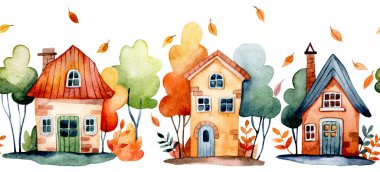 Güzel sonbahar, evlerle sınırsız bir sınır. suluboya resimler, evler, sonbahar yaprakları ve ağaçlar