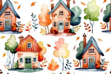 Evleri olan şirin sonbahar pürüzsüz desenleri. suluboya resimler, evler, sonbahar yaprakları ve ağaçlar
