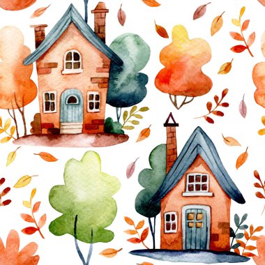 Evleri olan şirin sonbahar pürüzsüz desenleri. suluboya resimler, evler, sonbahar yaprakları ve ağaçlar